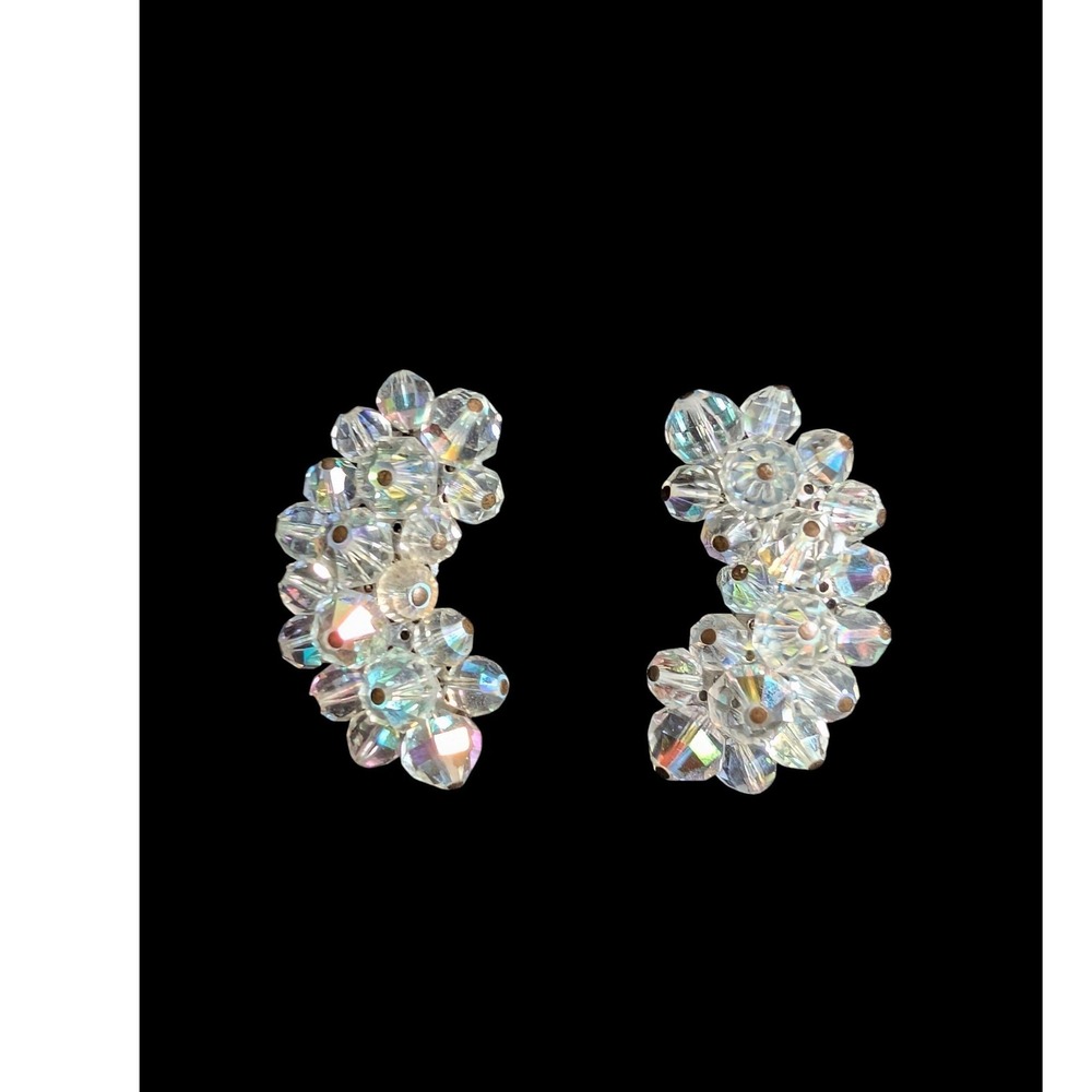 Vintage Aurora Borealis Crystal Bead Clip On Earrings Iridescent Curved Climber